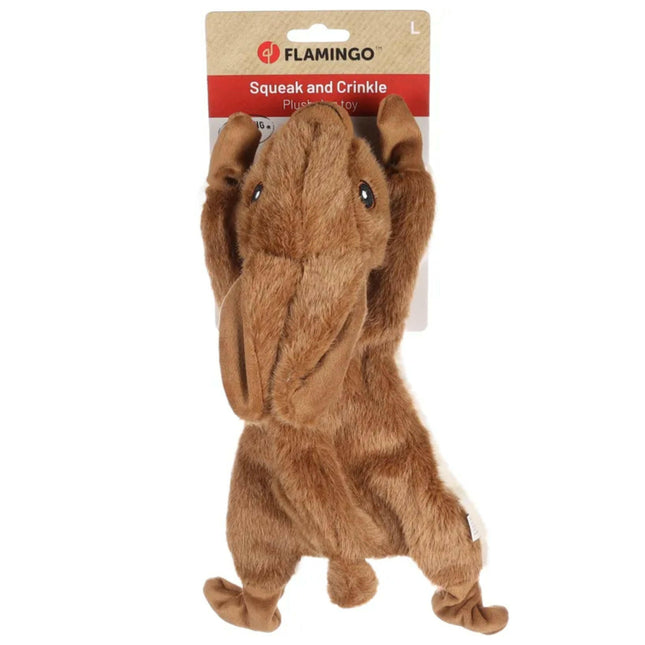 Flamingo Plush Dog Toy Rabbit - crinkly plush rabbit with squeaker, light brown.