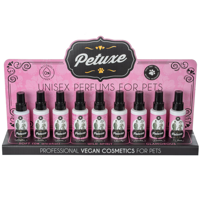 Petuxe Perfume Set - set of nine perfumes for dogs and cats, with a display stand.