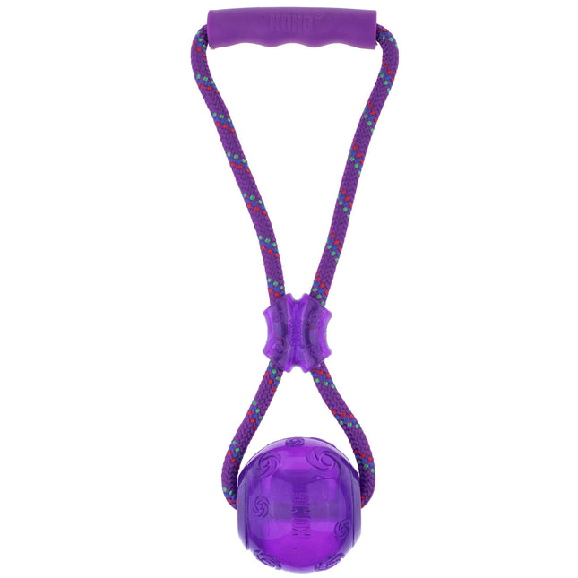 KONG Squeezz Ball with Rope - always squeaking ball on a string for dogs, tug toy with handle.