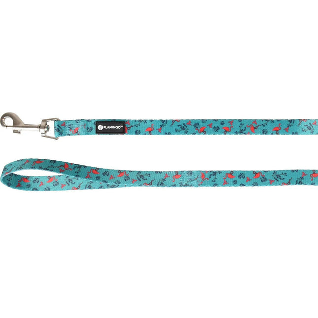 Flamingo Leash Samar Green - colorful dog leash, nylon, flamingo and leaf pattern, green-turquoise, 1.5x120cm.