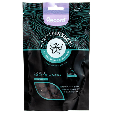 Record Proteinsect Mealworm Cubes with Duck - dog treat, insect and duck bites.