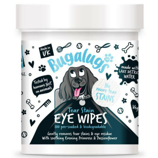 Bugalugs Tear Stain Eye Wipes 100 pcs - biodegradable wipes for cleaning around your dog's eyes.