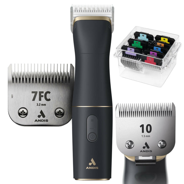 Andis beSPOKE Clipper + CeramicEdge + Comb Set - professional, cordless clipper with batteries, blades, and additional attachments.