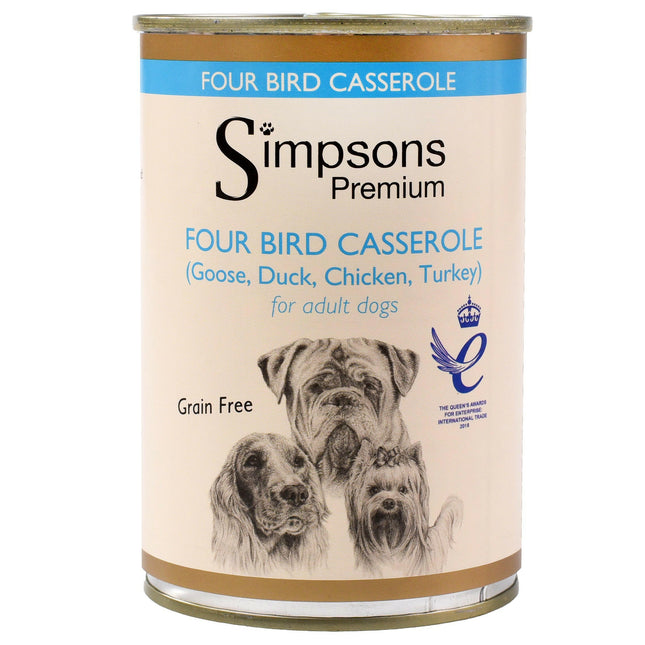 Simpsons Premium Four Bird Casserole - wet food for dogs, with poultry and vegetables, grain-free.