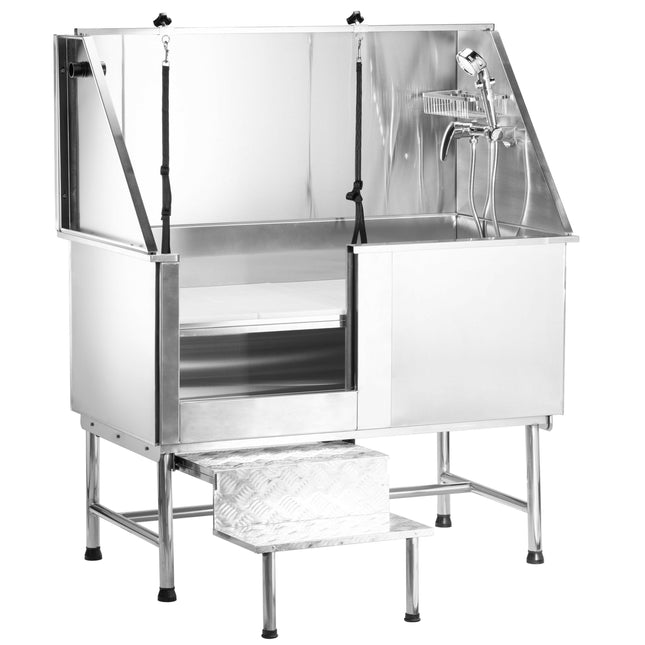 Blovi Free Standing Stainless Bath - stainless steel grooming tub with steps and sliding doors on the left side.