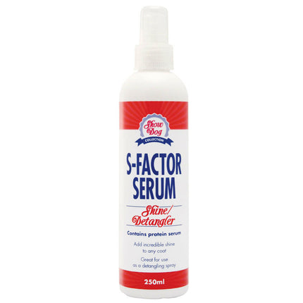Show Dog S Factor Serum Shine/Detangler - a product with shine-enhancing and detangling properties, featuring silk proteins..