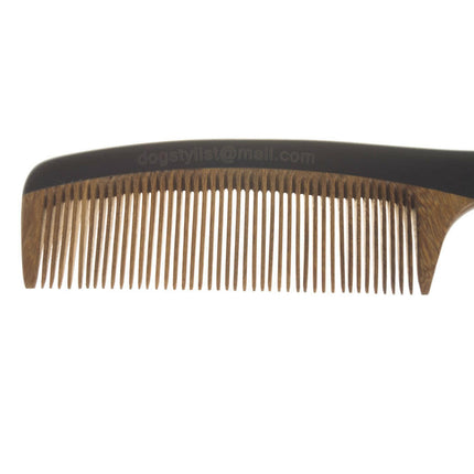 P&W Dog Stylist Comb - scented, anti-static comb with a sandalwood handle, dense tooth spacing.